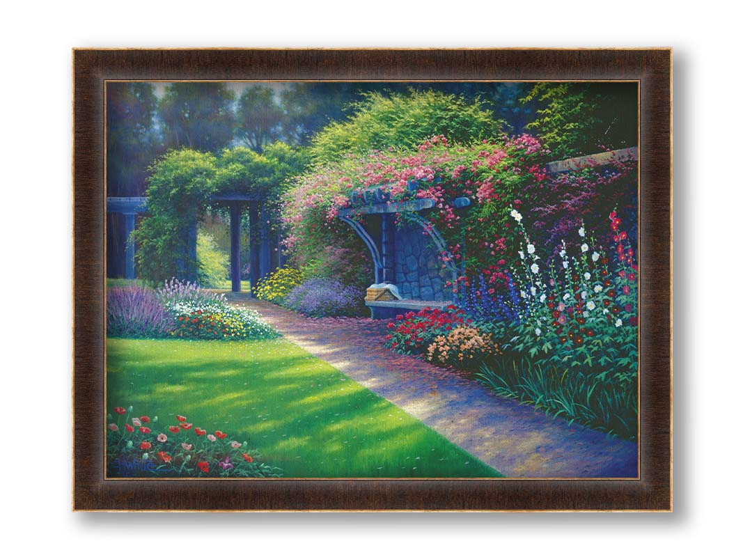 A painting of the Hatley Park Garden at Royal Roads University, overlooking a path surrouded by flowering plants. A bench with a picnic basket sits on the path against a stone wall. Printed on canvas and framed.