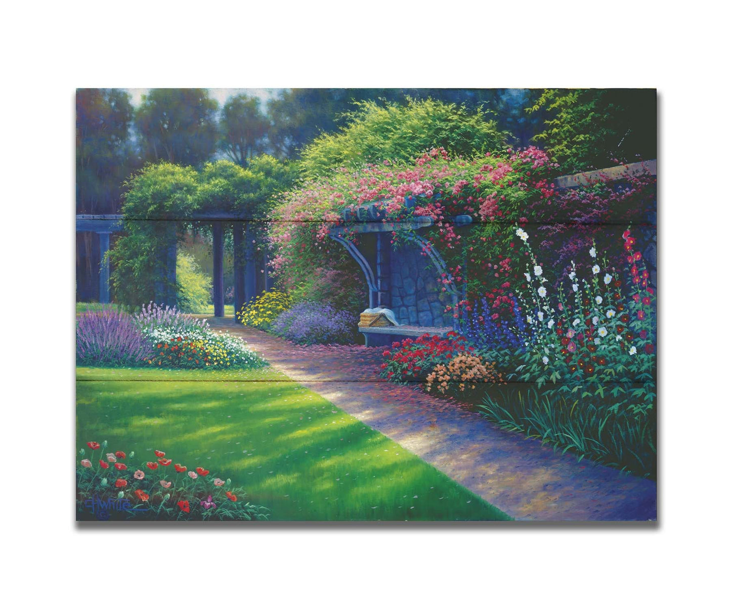 A painting of the Hatley Park Garden at Royal Roads University, overlooking a path surrouded by flowering plants. A bench with a picnic basket sits on the path against a stone wall. Printed on a box board.