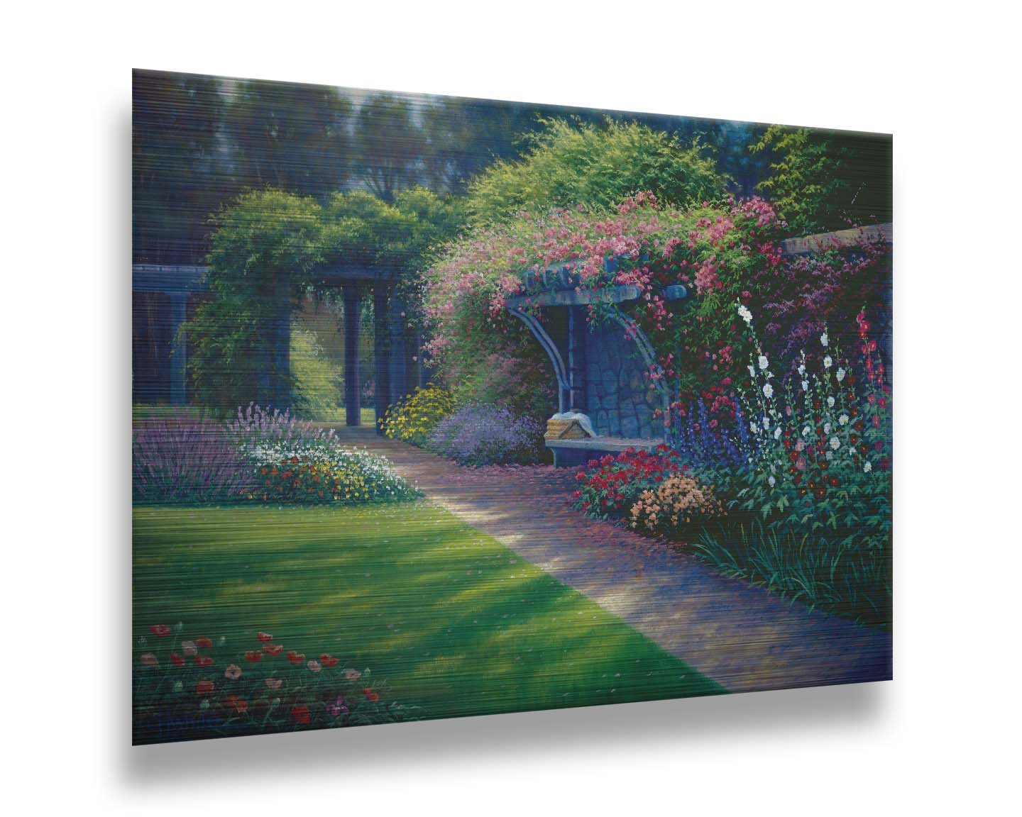 A painting of the Hatley Park Garden at Royal Roads University, overlooking a path surrouded by flowering plants. A bench with a picnic basket sits on the path against a stone wall. Printed on metal.