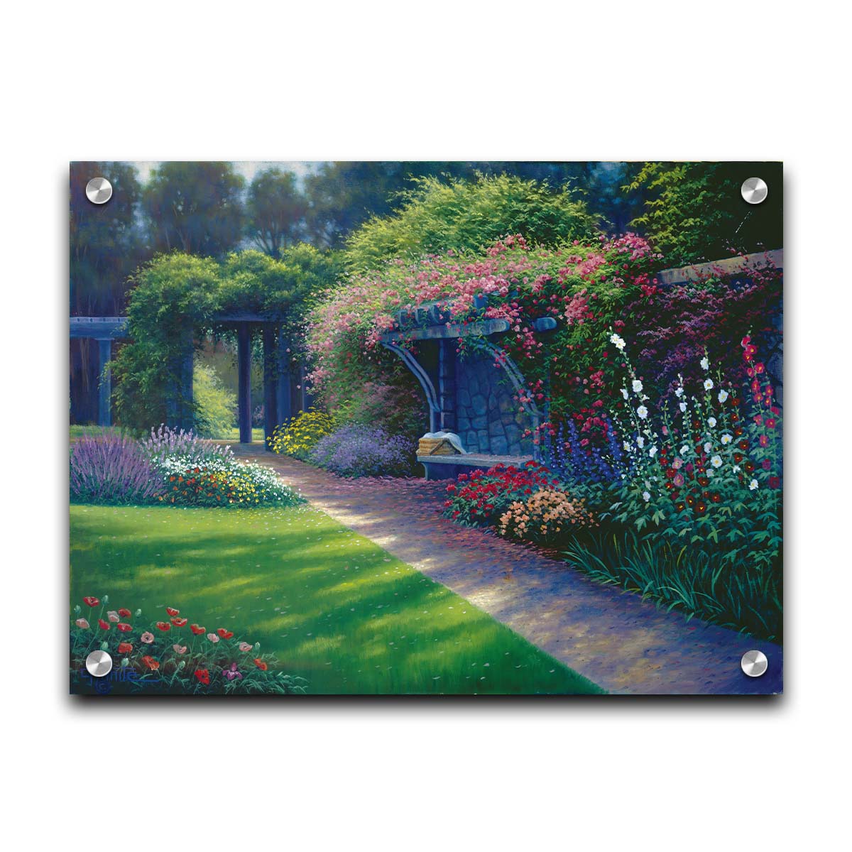 A painting of the Hatley Park Garden at Royal Roads University, overlooking a path surrouded by flowering plants. A bench with a picnic basket sits on the path against a stone wall. Printed on acrylic.