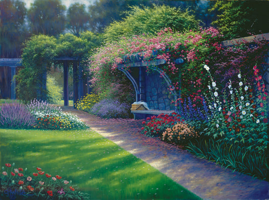 A painting of the Hatley Park Garden at Royal Roads University, overlooking a path surrounded by flowering plants. A bench with a picnic basket sits on the path against a stone wall.