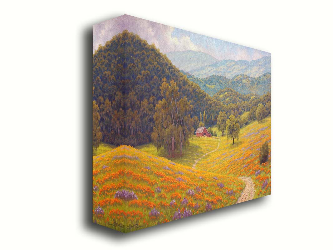 A painting of a grassy field of poppies and lupines on a hilly landscape. A path leads down to a red barn at the edge of a forest. Printed on canvas.