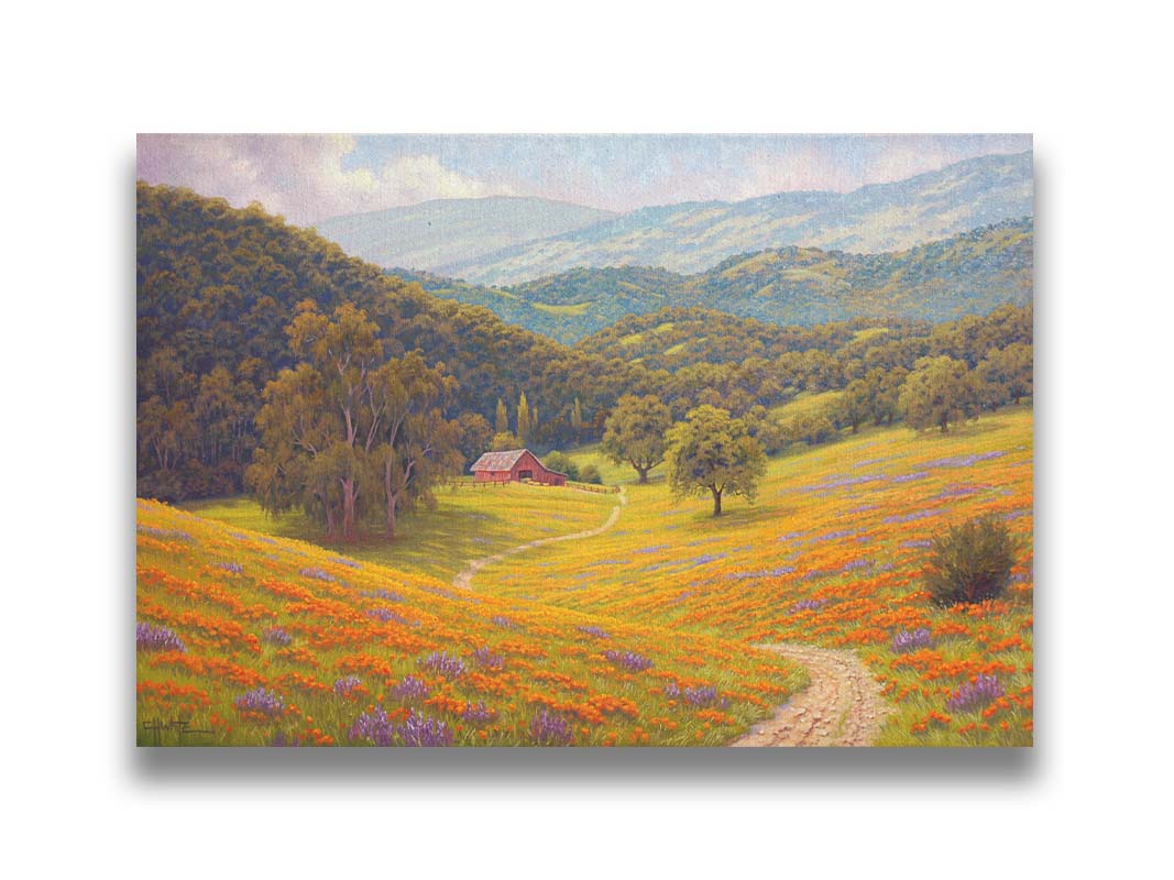 A painting of a grassy field of poppies and lupines on a hilly landscape. A path leads down to a red barn at the edge of a forest. Printed on canvas.