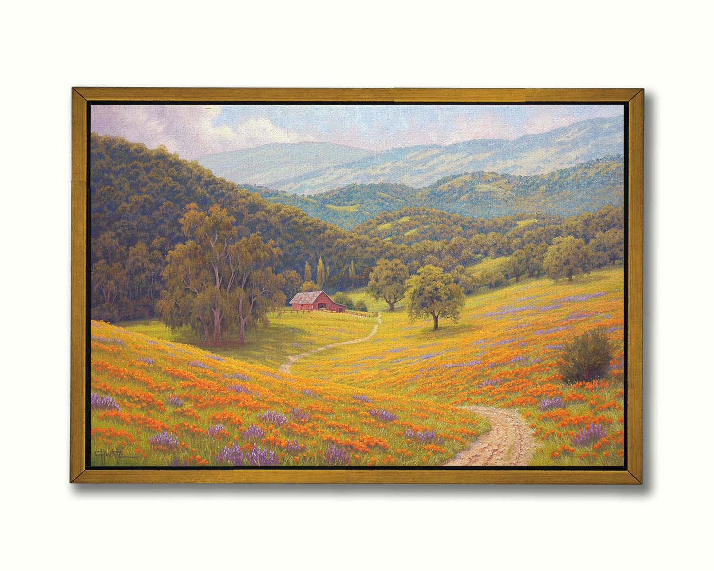 A painting of a grassy field of poppies and lupines on a hilly landscape. A path leads down to a red barn at the edge of a forest. Printed on canvas in a float frame.