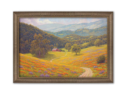 A painting of a grassy field of poppies and lupines on a hilly landscape. A path leads down to a red barn at the edge of a forest. Printed on canvas and framed.