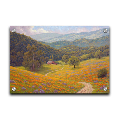 A painting of a grassy field of poppies and lupines on a hilly landscape. A path leads down to a red barn at the edge of a forest. Printed on acrylic.