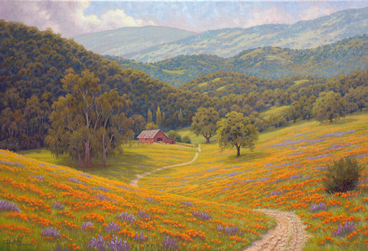 A painting of a grassy field of poppies and lupines on a hilly landscape. A path leads down to a red barn at the edge of a forest.