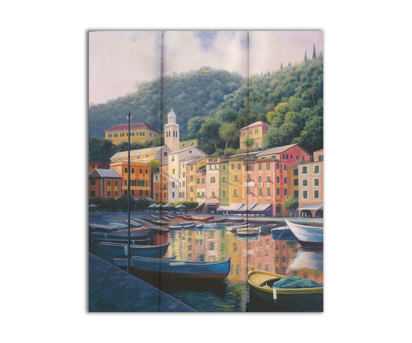 A painting of the colorful fishing town of Portofino. Many small boats are docked in the waters in the foreground, and the steep hills in the background are lush with trees. Printed on a box board.