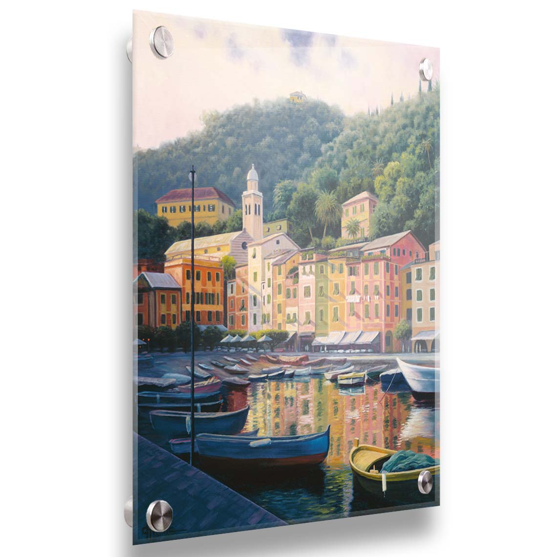 A painting of the colorful fishing town of Portofino. Many small boats are docked in the waters in the foreground, and the steep hills in the background are lush with trees. Printed on acrylic.