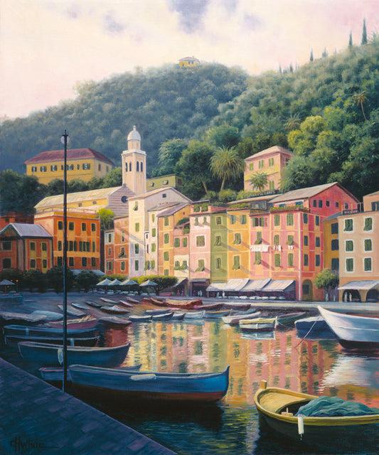A painting of the colorful fishing town of Portofino. Many small boats are docked in the waters in the foreground, and the steep hills in the background are lush with trees.