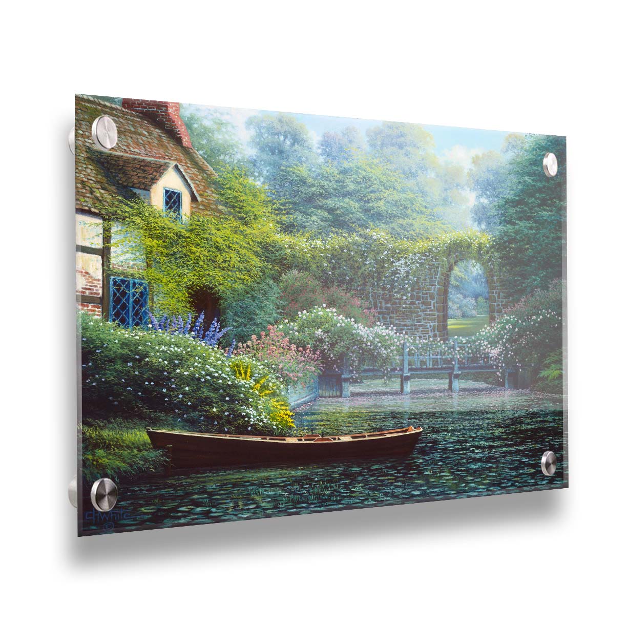 A painting of a canoe docked in a river covered in lily pads. A flower-covered bridge crosses the river, leading to a house coated in vines. A stone arched wall leads to another section of the garden in the background. Printed on acrylic.