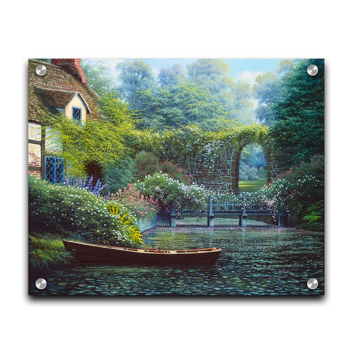 A painting of a canoe docked in a river covered in lily pads. A flower-covered bridge crosses the river, leading to a house coated in vines. A stone arched wall leads to another section of the garden in the background. Printed on acrylic.