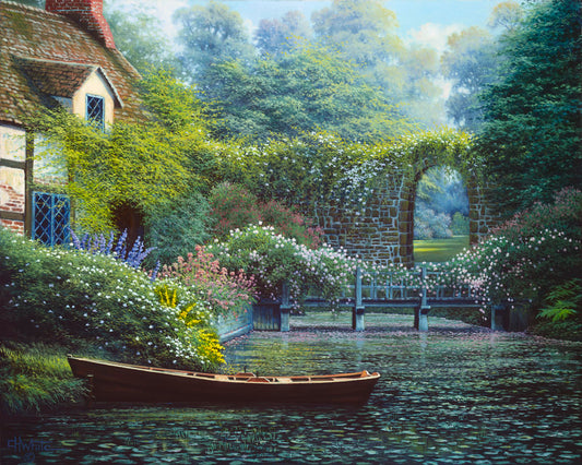 A painting of a canoe docked in a river covered in lily pads. A flower-covered bridge crosses the river, leading to a house coated in vines. A stone arched wall leads to another section of the garden in the background.
