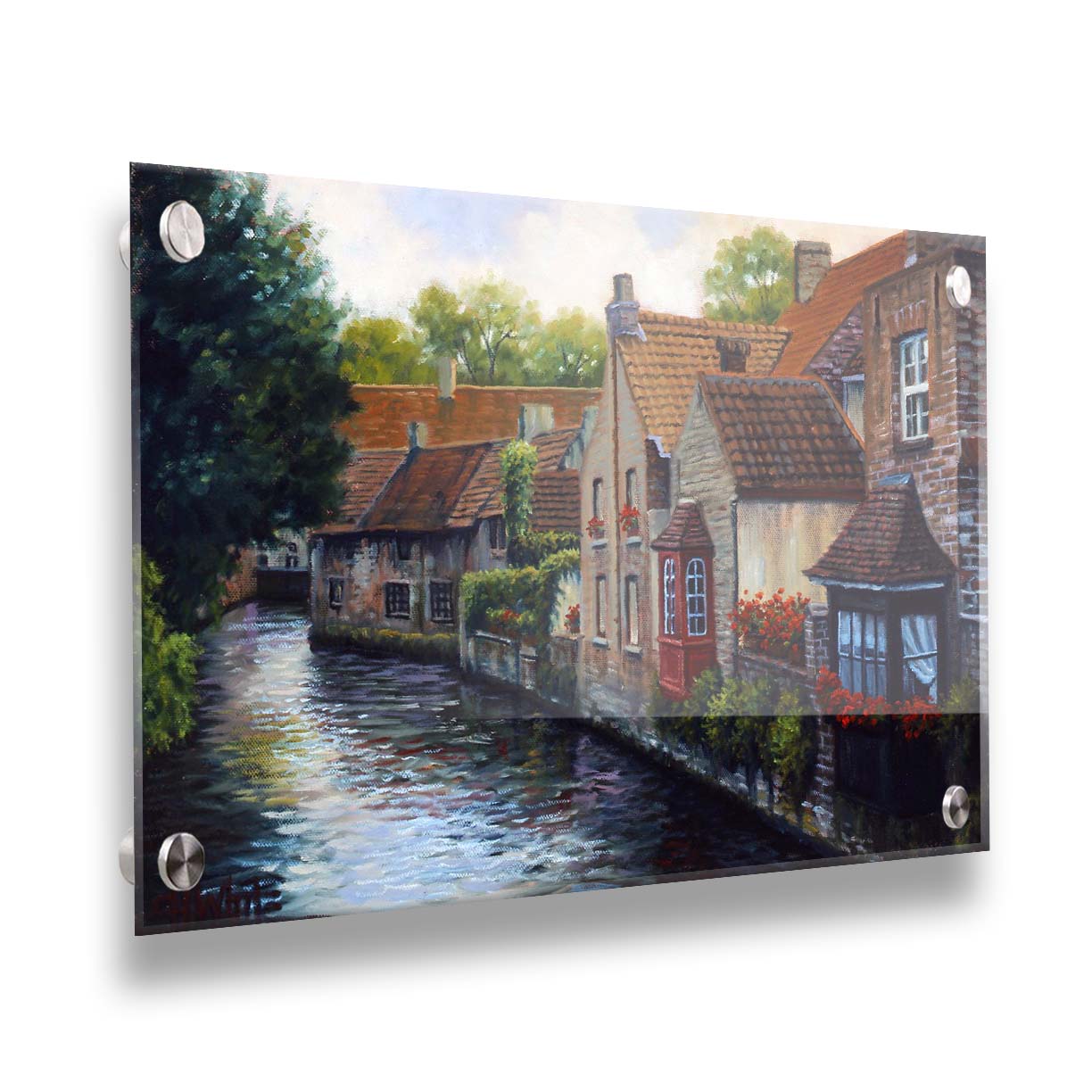 A painting of the Bruges Canal in Belgium, lined by brick homes with red and brown tlie roofs. Red flowers and a red bay window pop in the scene. Printed on acrylic.