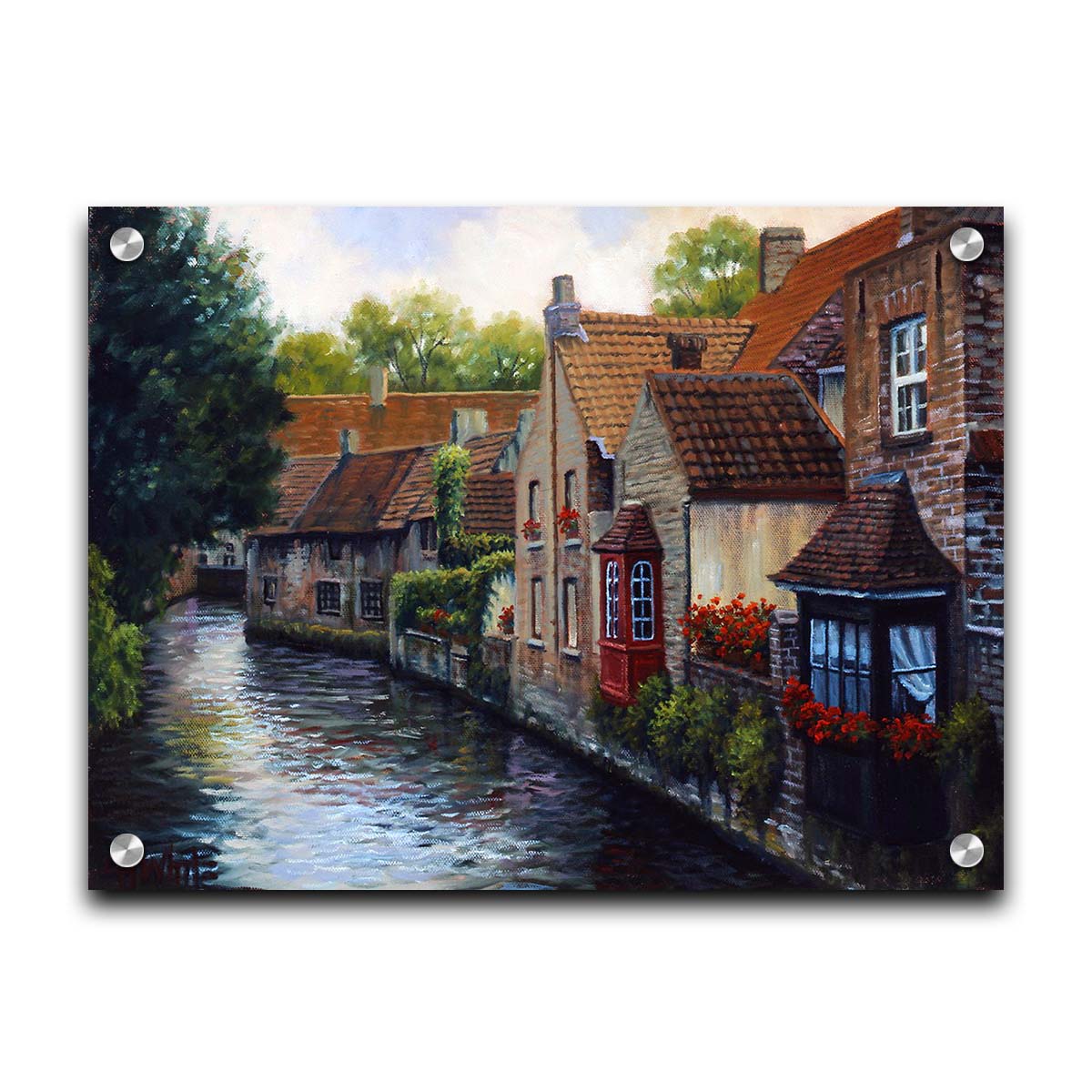 A painting of the Bruges Canal in Belgium, lined by brick homes with red and brown tlie roofs. Red flowers and a red bay window pop in the scene. Printed on acrylic.