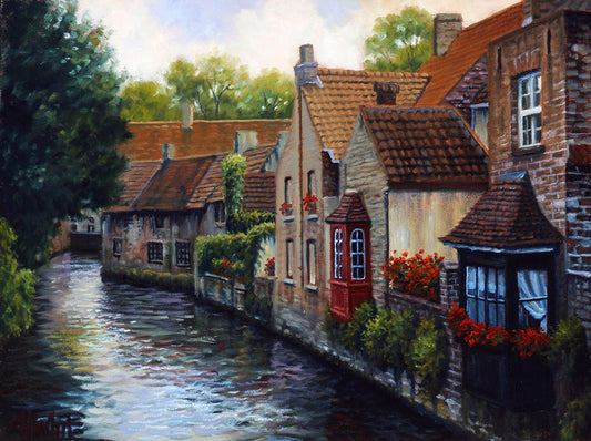 A painting of the Bruges Canal in Belgium, lined by brick homes with red and brown tlie roofs. Red flowers and a red bay window pop in the scene. 