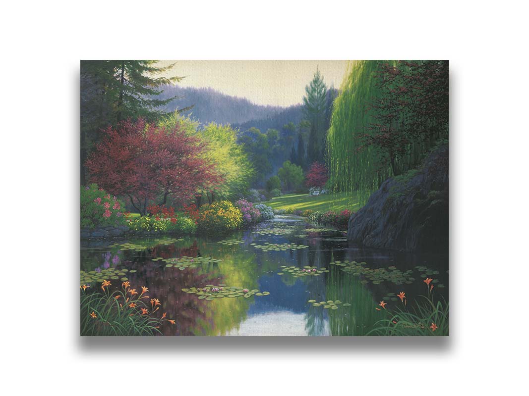 A painting of a large open garden. A pond growing lily pads fills the foreground. Bushes growing flowers in every color line the pond. A white bench sits in a grassy clearing in the background. Printed on canvas.