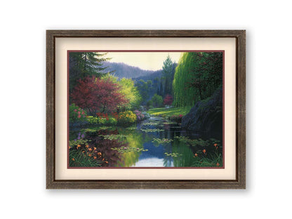 A painting of a large open garden. A pond growing lily pads fills the foreground. Bushes growing flowers in every color line the pond. A white bench sits in a grassy clearing in the background. Printed on paper, matted, and framed.