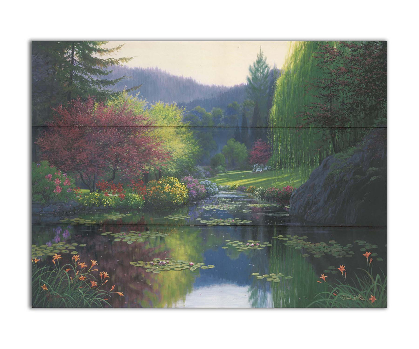 A painting of a large open garden. A pond growing lily pads fills the foreground. Bushes growing flowers in every color line the pond. A white bench sits in a grassy clearing in the background. Printed on a box board.