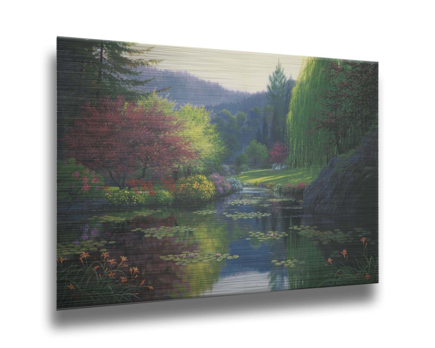 A painting of a large open garden. A pond growing lily pads fills the foreground. Bushes growing flowers in every color line the pond. A white bench sits in a grassy clearing in the background. Printed on metal.