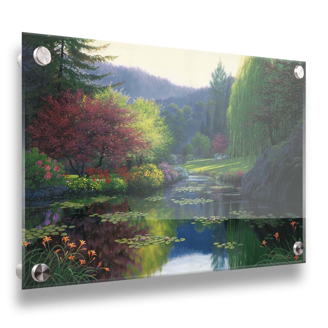 A painting of a large open garden. A pond growing lily pads fills the foreground. Bushes growing flowers in every color line the pond. A white bench sits in a grassy clearing in the background. Printed on acrylic.