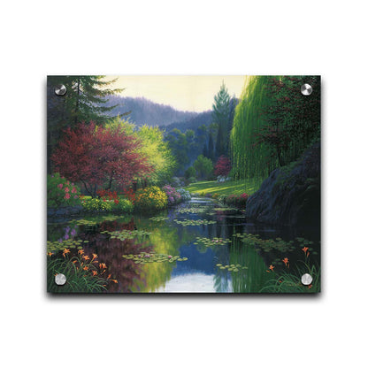 A painting of a large open garden. A pond growing lily pads fills the foreground. Bushes growing flowers in every color line the pond. A white bench sits in a grassy clearing in the background. Printed on acrylic.