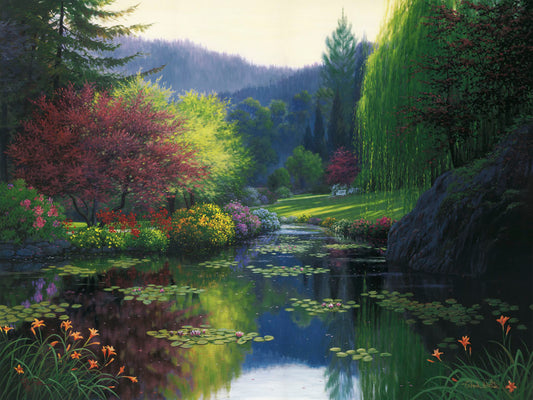 A painting of a large open garden. A pond growing lily pads fills the foreground. Bushes growing flowers in every color line the pond. A white bench sits in a grassy clearing in the background.