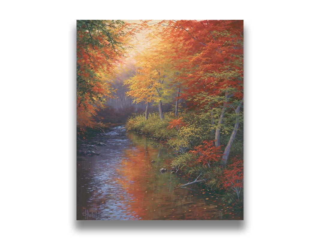 A painting of a forest reflecting off a stream, created using a pallet of warm fall tones. The shedding red and orange leaves land and are carried away by the water below. Printed on canvas.