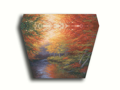 A painting of a forest reflecting off a stream, created using a pallet of warm fall tones. The shedding red and orange leaves land and are carried away by the water below. Printed on canvas.