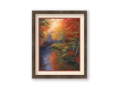 A painting of a forest reflecting off a stream, created using a pallet of warm fall tones. The shedding red and orange leaves land and are carried away by the water below. Printed on paper, matted, and framed.