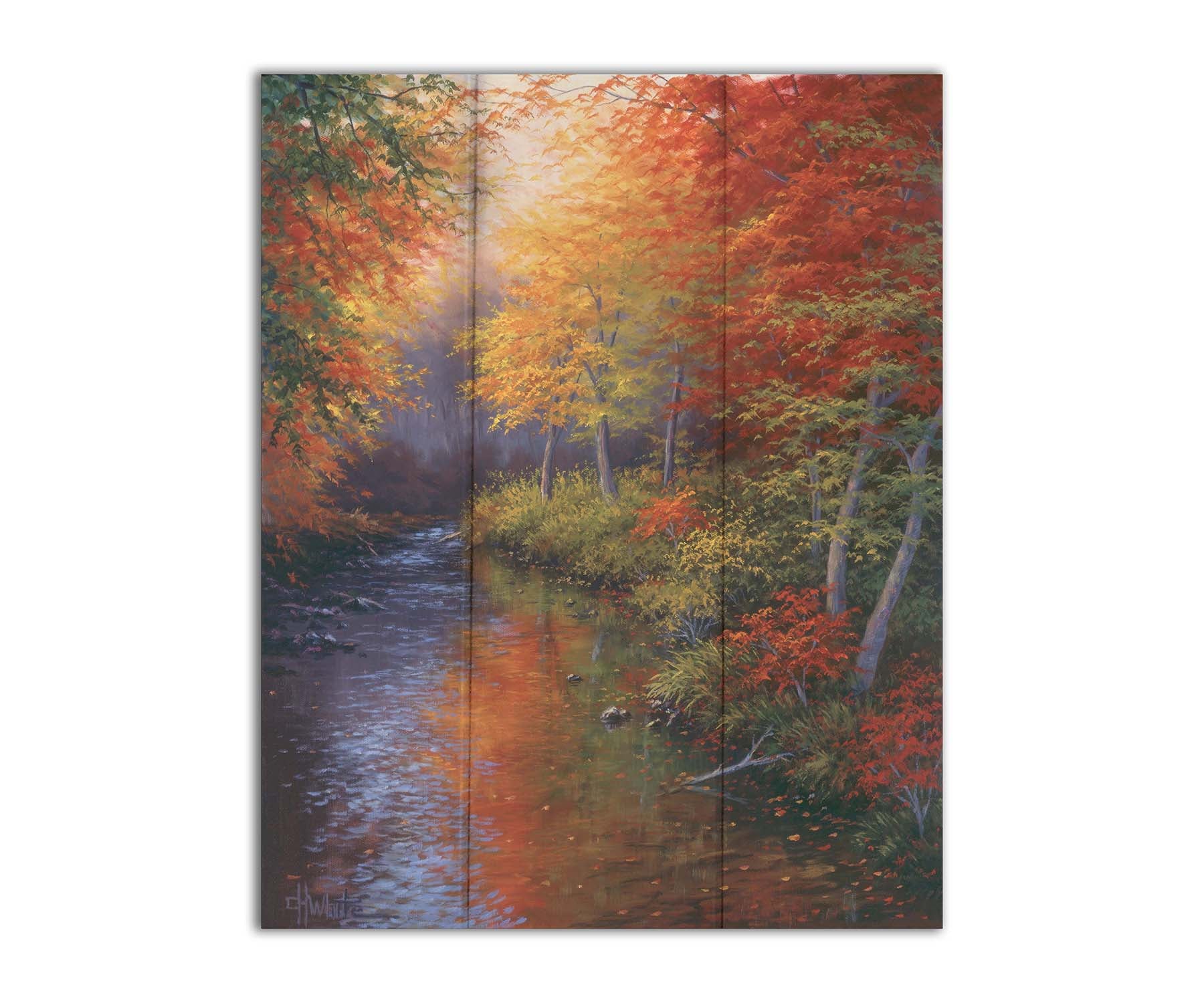 A painting of a forest reflecting off a stream, created using a pallet of warm fall tones. The shedding red and orange leaves land and are carried away by the water below. Printed on a box board.