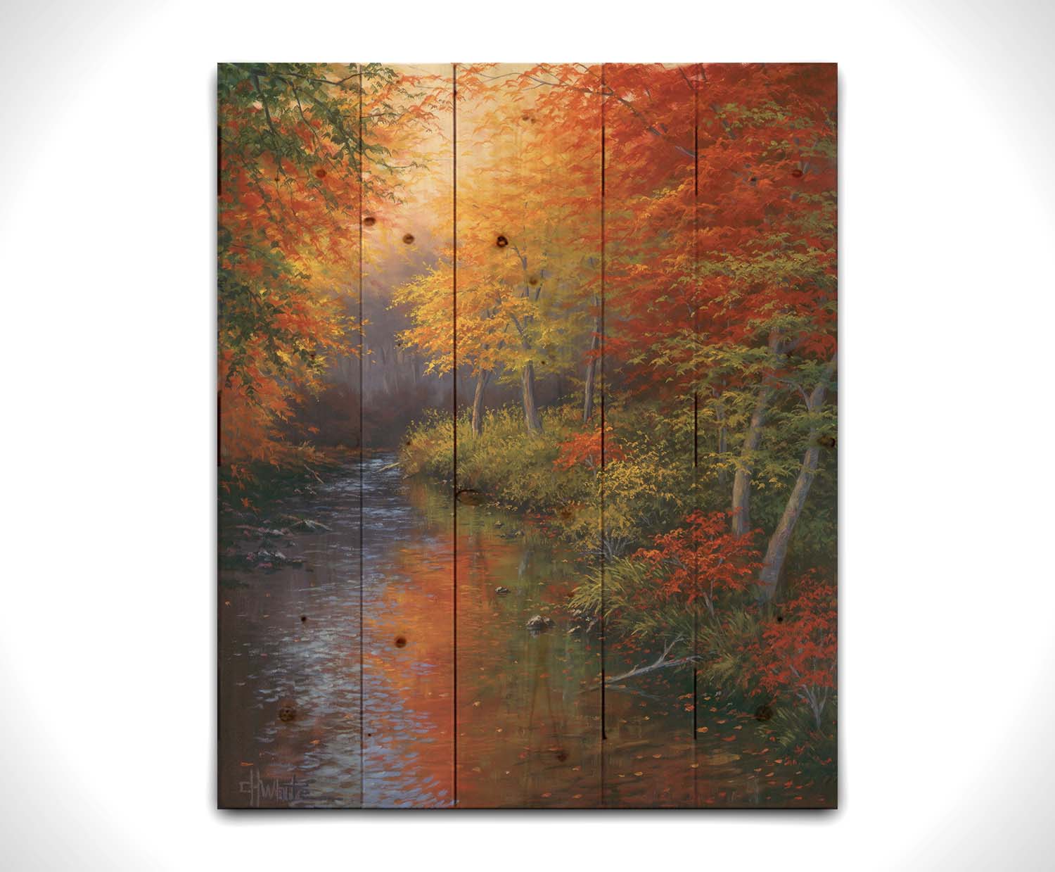 A painting of a forest reflecting off a stream, created using a pallet of warm fall tones. The shedding red and orange leaves land and are carried away by the water below. Printed on a wood pallet.