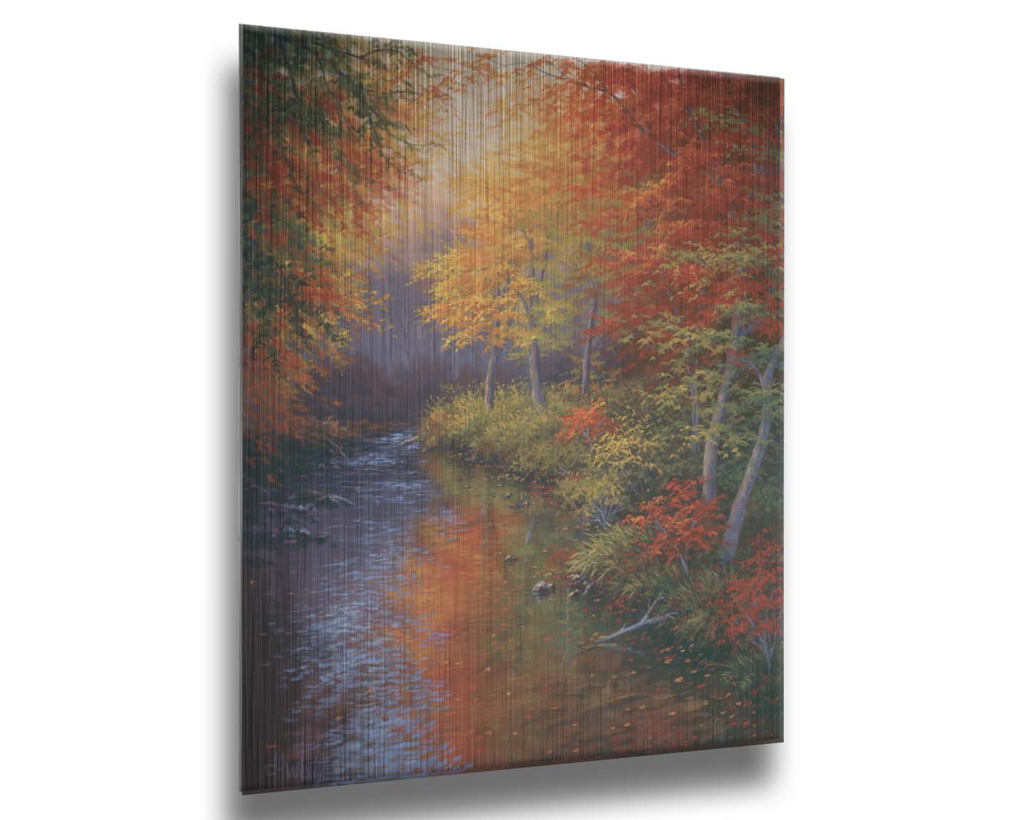 A painting of a forest reflecting off a stream, created using a pallet of warm fall tones. The shedding red and orange leaves land and are carried away by the water below. Printed on metal.