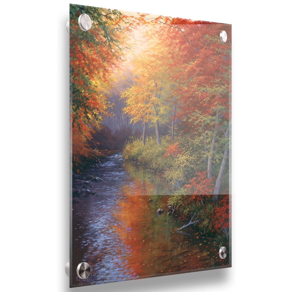 A painting of a forest reflecting off a stream, created using a pallet of warm fall tones. The shedding red and orange leaves land and are carried away by the water below. Printed on acrylic.