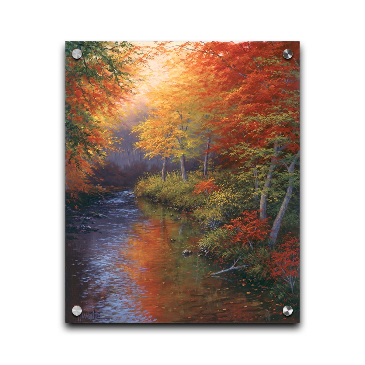 A painting of a forest reflecting off a stream, created using a pallet of warm fall tones. The shedding red and orange leaves land and are carried away by the water below. Printed on acrylic.