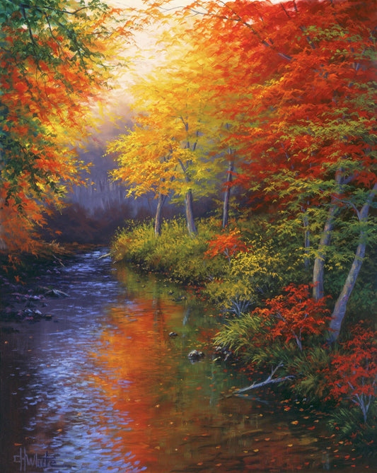 A painting of a forest reflecting off a stream, created using a pallet of warm fall tones. The shedding red and orange leaves land and are carried away by the water below.
