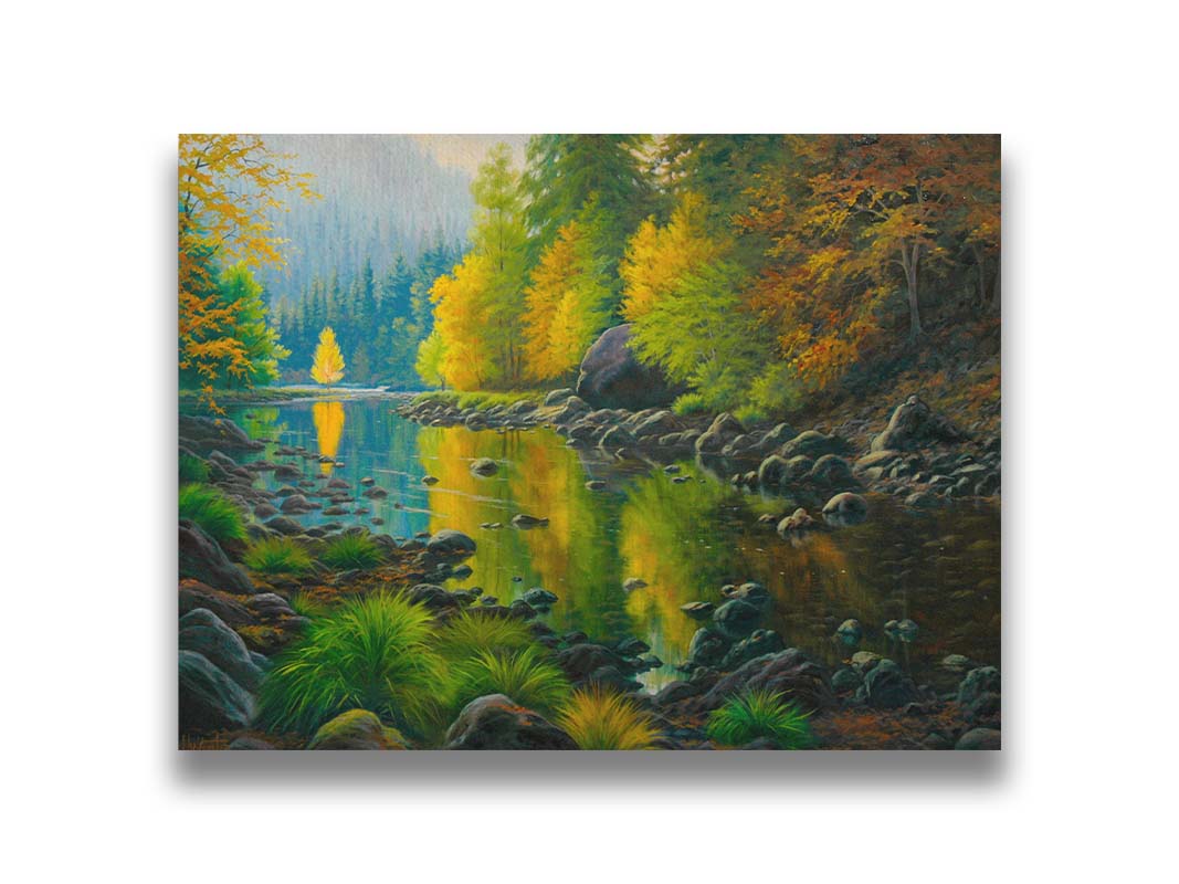 A painting of the Merced River in California. The bright greens and yellows of the forest trees are reflecting beautifully off the water. Printed on canvas.