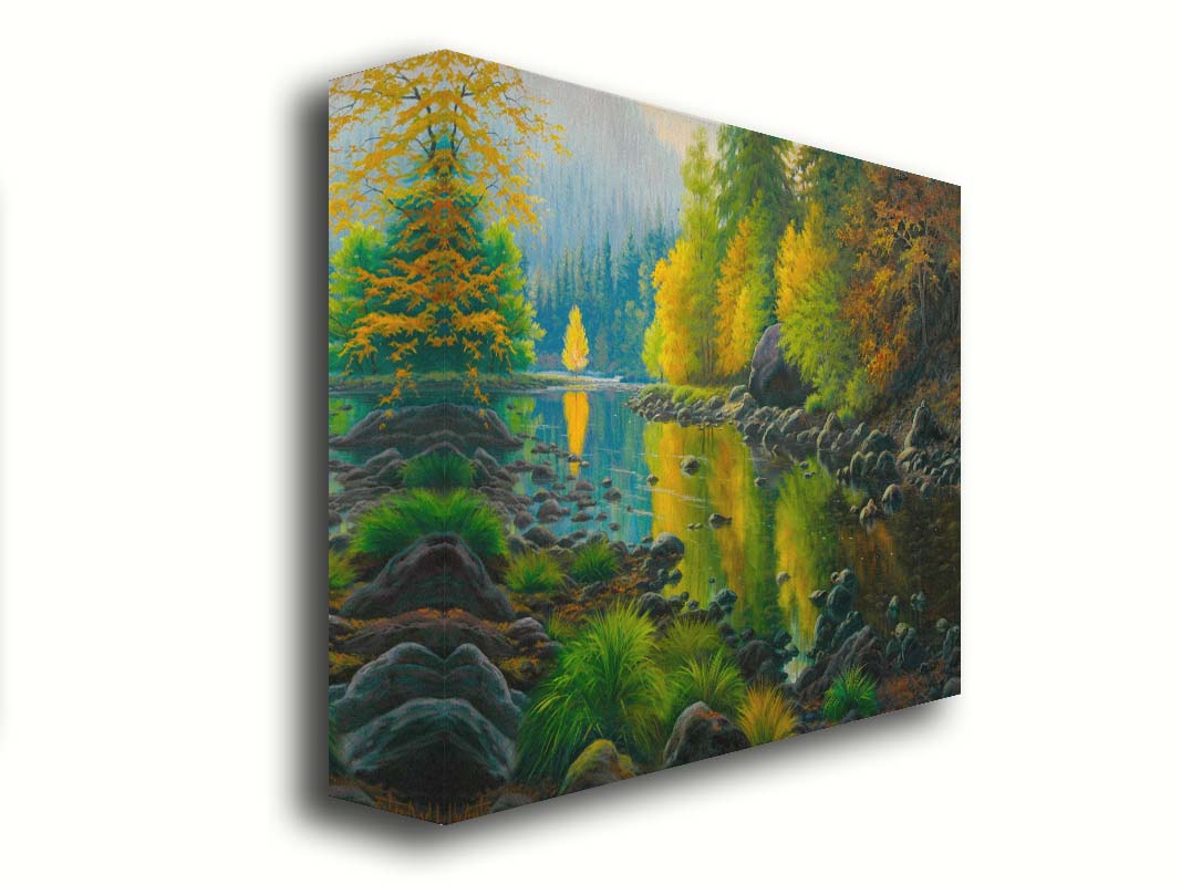 A painting of the Merced River in California. The bright greens and yellows of the forest trees are reflecting beautifully off the water. Printed on canvas.