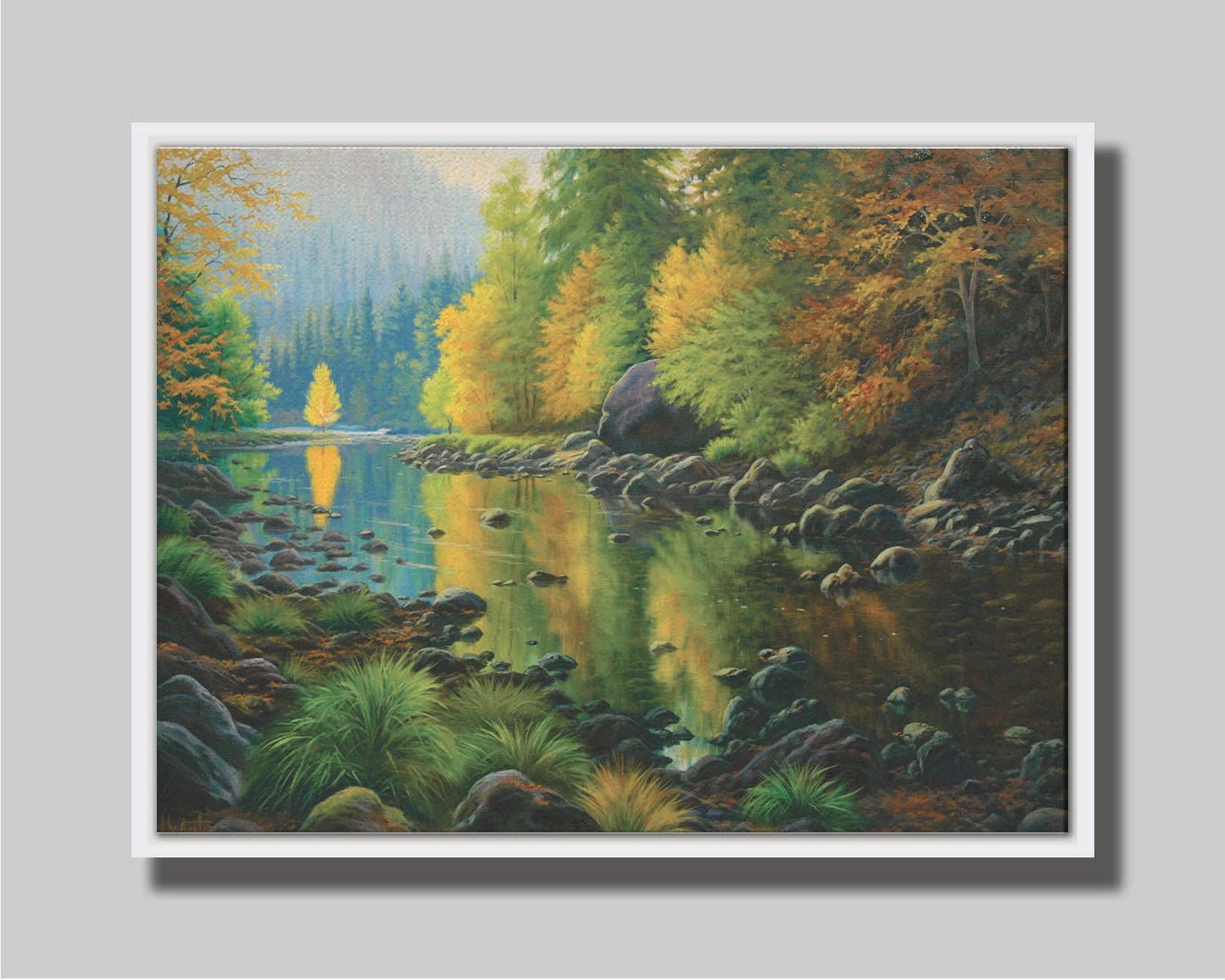 A painting of the Merced River in California. The bright greens and yellows of the forest trees are reflecting beautifully off the water. Printed on canvas in a float frame.