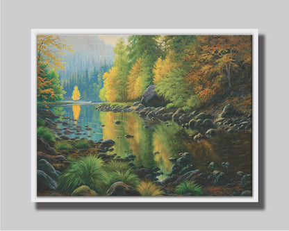 A painting of the Merced River in California. The bright greens and yellows of the forest trees are reflecting beautifully off the water. Printed on canvas in a float frame.