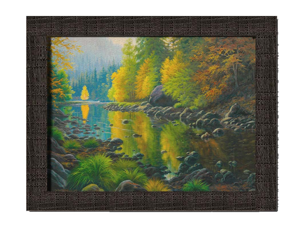 A painting of the Merced River in California. The bright greens and yellows of the forest trees are reflecting beautifully off the water. Printed on canvas and framed.