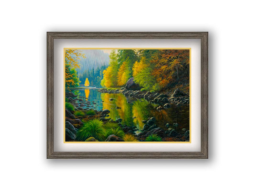 A painting of the Merced River in California. The bright greens and yellows of the forest trees are reflecting beautifully off the water. Printed on paper, matted, and framed.