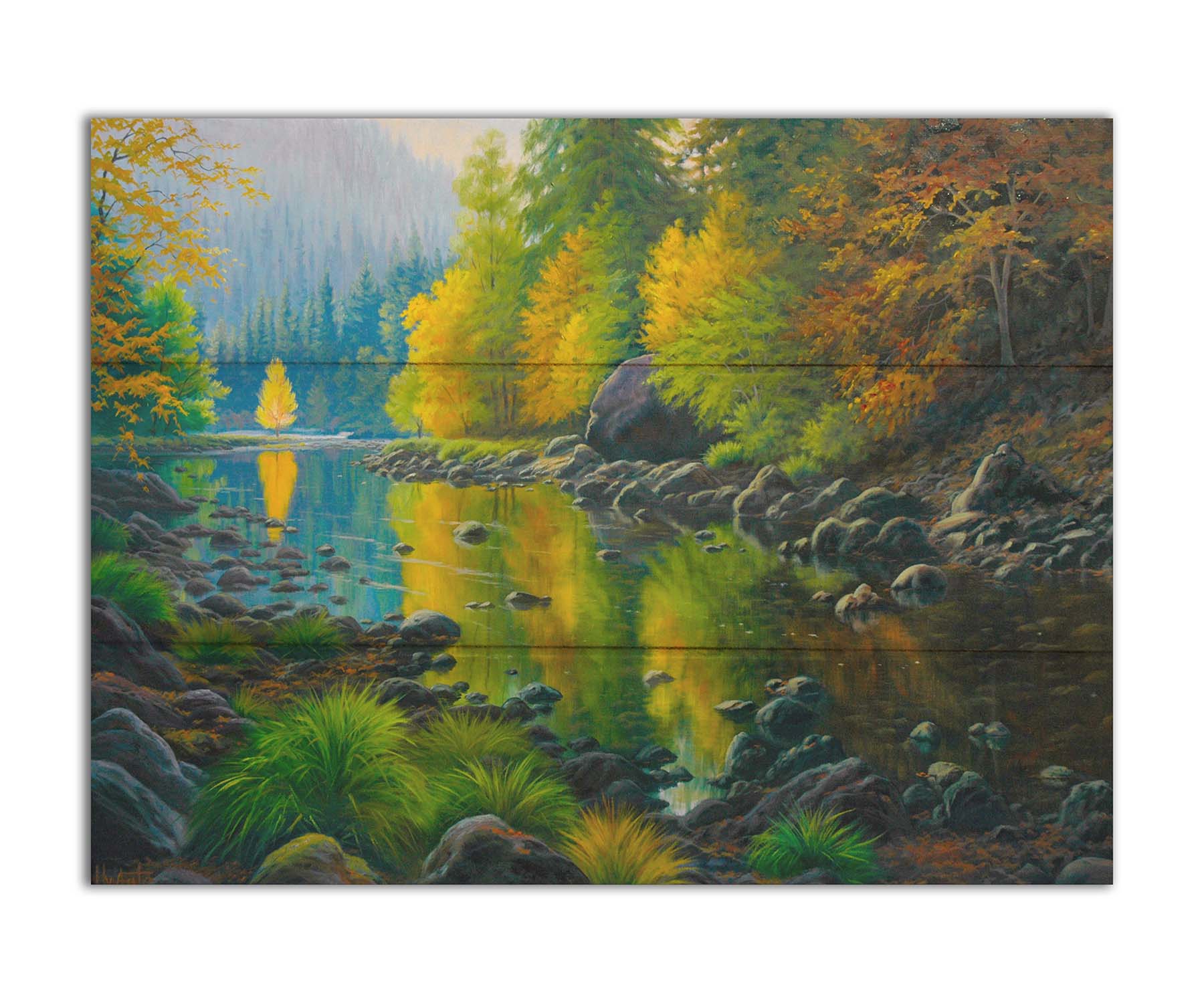 A painting of the Merced River in California. The bright greens and yellows of the forest trees are reflecting beautifully off the water. Printed on a box board.