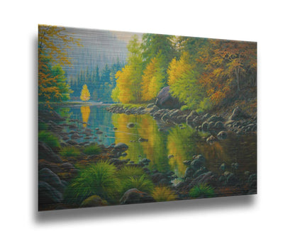 A painting of the Merced River in California. The bright greens and yellows of the forest trees are reflecting beautifully off the water. Printed on metal.