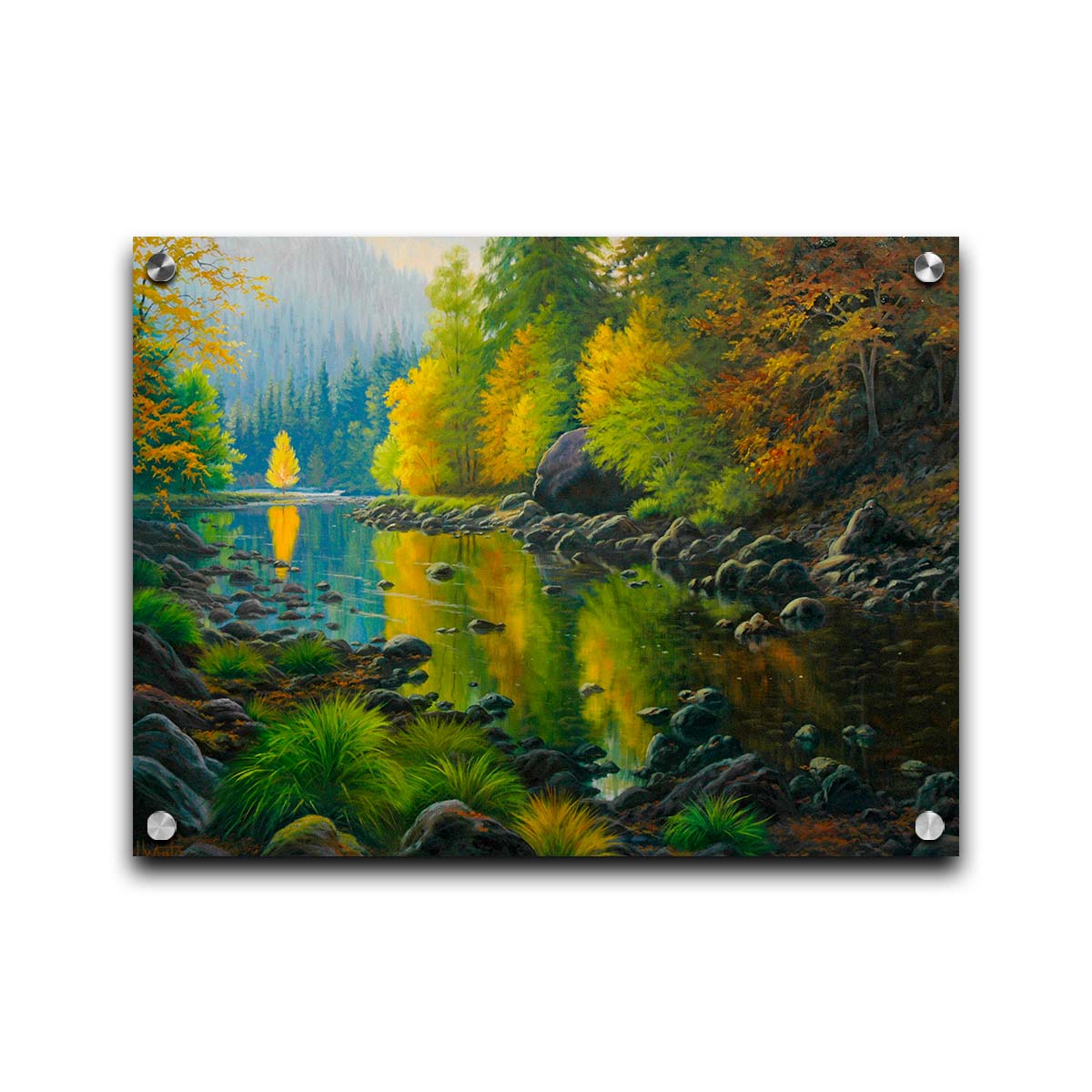 A painting of the Merced River in California. The bright greens and yellows of the forest trees are reflecting beautifully off the water. Printed on acrylic.