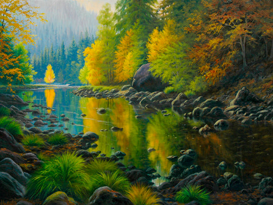 A painting of the Merced River in California. The bright greens and yellows of the forest trees are reflecting beautifully off the water.