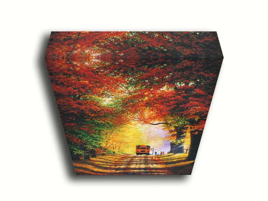 A painting of a narrow road trailing through an autumn forest, where a school bus has stopped to pick up children for school in golden morning light. Printed on canvas.