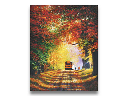 A painting of a narrow road trailing through an autumn forest, where a school bus has stopped to pick up children for school in golden morning light. Printed on canvas.