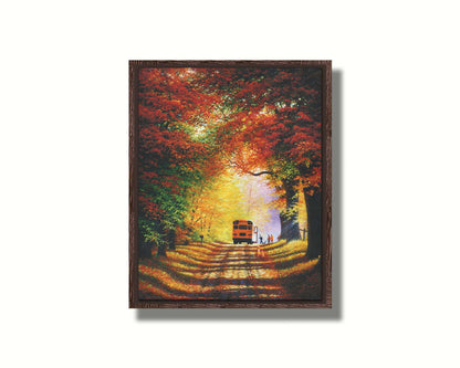 A painting of a narrow road trailing through an autumn forest, where a school bus has stopped to pick up children for school in golden morning light. Printed on canvas in a float frame.