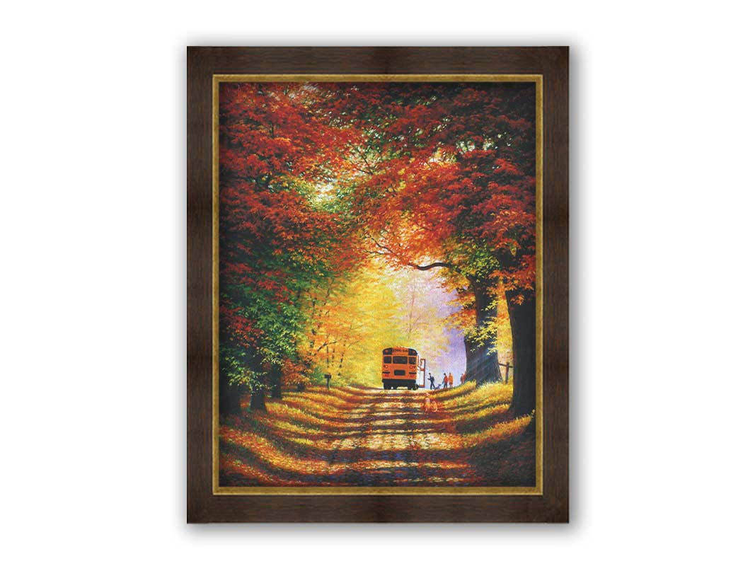 A painting of a narrow road trailing through an autumn forest, where a school bus has stopped to pick up children for school in golden morning light. Printed on canvas and framed.